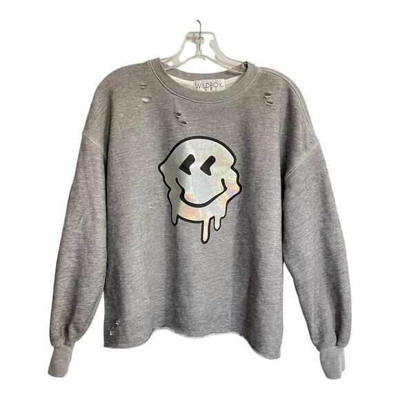 Wildfox Glitch Ophelia Sweatshirt Women Size Small Gray Drippy Face Smiley - Picture 2 of 9